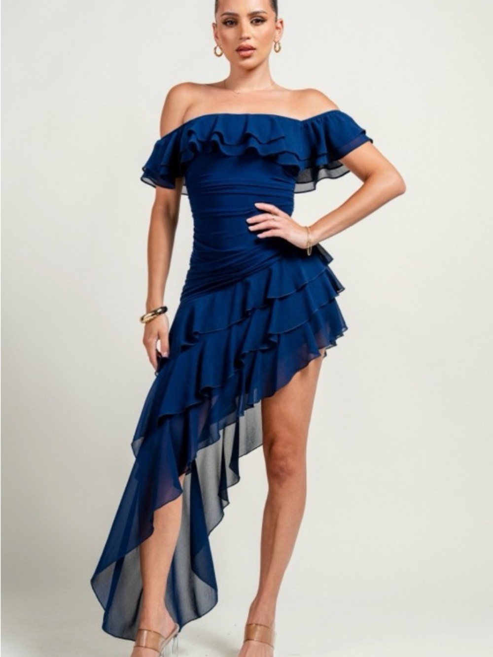 Off-Shoulder Navy Ruffle Asymmetrical Dress - Picture 2 of 4